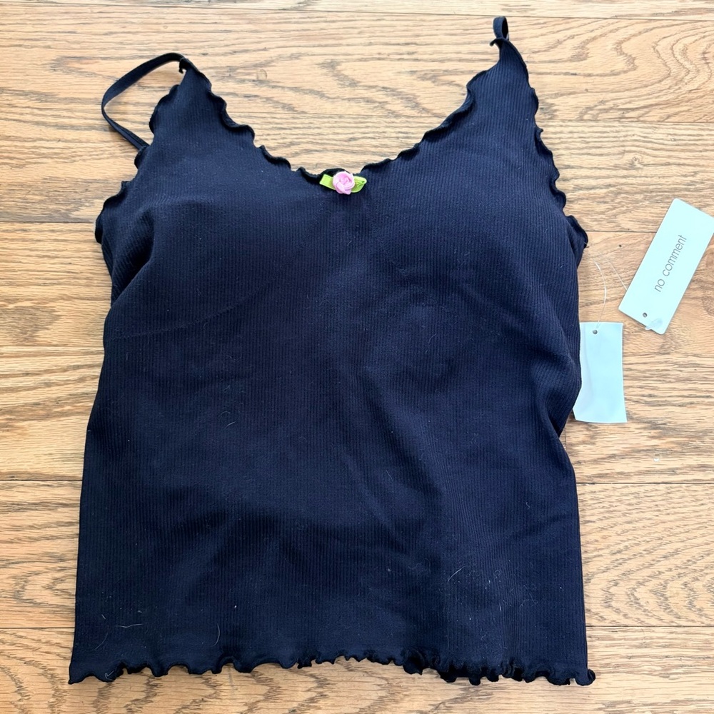 NWT No Comment Black Ribbed Camisole - Lettuce Edge & Rose Detail - Size S